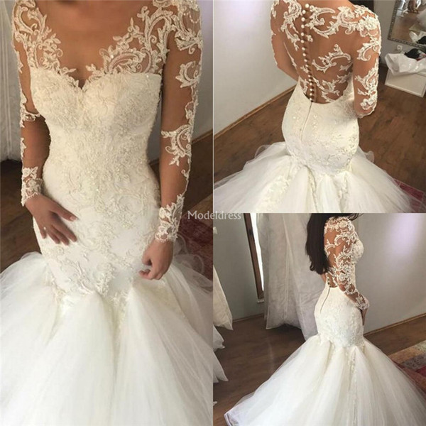 Charming Lace Mermaid Wedding Dresses Jewel Neck Sweep Train Castle Church Bridal Gown Illusion Long Sleeves Modern Chapel Vestidoe De Noiva