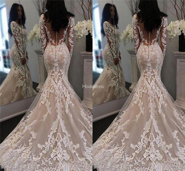 New Arrival Gorgeous Mermaid Wedding Dresses With Long Sleeves Appliques Illusion Garden Church Bridal Gowns Castle Chapel Vestidoe De Noiva