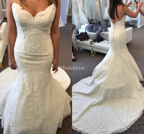 Gorgeous Mermaid Lace Wedding Dresses Backless Covered Button Sweep Train Modern Country Castle Vestidoe De Noiva Church Chapel Bridal Gowns