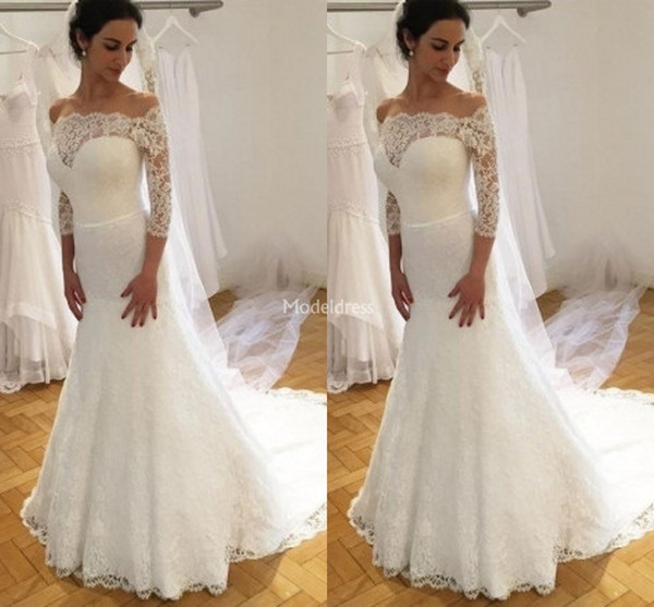 Luxury Lace Mermaid Wedding Dresses off Shoulder Illusion 3/4 Sleeves Sweep Train Church Chapel Bridal Gown Country Garden Vestidoe De Noiva