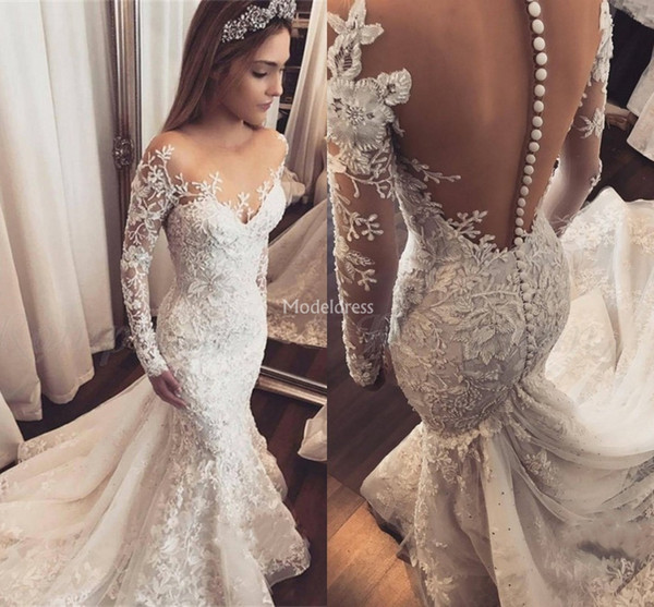 Unique Design Lace Mermaid Wedding Dresses Jewel Neck Illusion Appliques Long Sleeves Castle Bridal Gowns Chic Church Vestidoe De Noiva