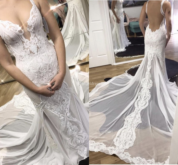 Unique Design Mermaid Wedding Dresses V-Neck Appliques Backless Illusion Court Train Church Bridal Gown Castle Chapel Vestidoe De Noiva