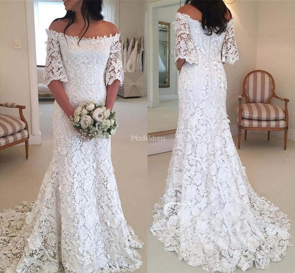 Gorgeous Full Lace Mermaid Wedding Dresses Off Shoulder Illusion Half Sleeves Sweep Train Church Chapel Bridal Gown Castle Vestidoe De Noiva