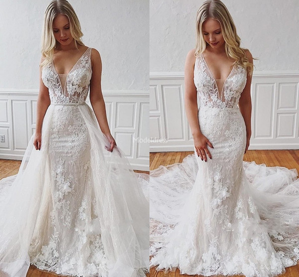 Charming Lace Mermaid Wedding Dresses Detachable Train Sheer Neck Illusion Appliques Country Style Castle Bridal Gown Vestidoe De Noiva