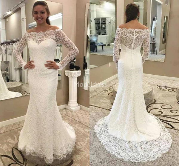 Gorgeous Full Lace Mermaid Wedding Dresses Off Shulder Illusion Long Sleeves Sweep Train Country Chruch Bridal Gown Castle Vestidoe De Noiva