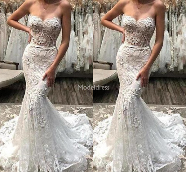 Gorgeous Lace Mermaid Wedding Dresses Strapless Sweep Train Appliques Country Church Castle Bridal Gown Chapel Vestidoe De Noiva Custom