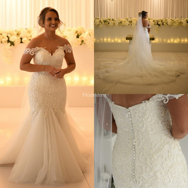 Gorgeous Mermaid Wedding Dresses Off Shoulder Open Back Covered Button Court Train Country Church Bridal Gowns Chapel Vestidoe De Noiva