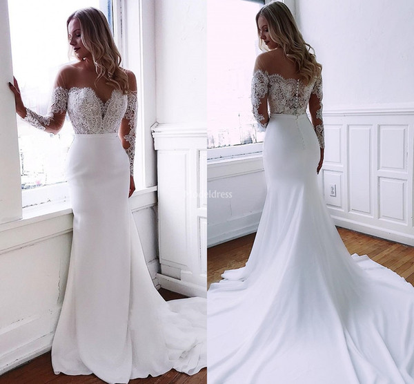 Gorgeous Lace Mermaid Wedding Dresses Sheer Neck Illusion Long Sleeves Sweep Train Elegant New Bridal Gowns Covered Button Vestidoe De Noiva