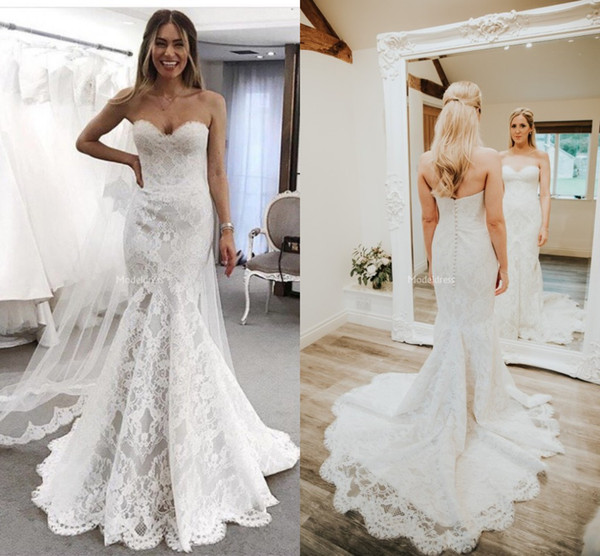 Elegant Lace Mermaid Wedding Dresses Sweetheart Sweep Train Backless Covered Button Country Style Bridal Gowns Modern Vestidoe De Noiva