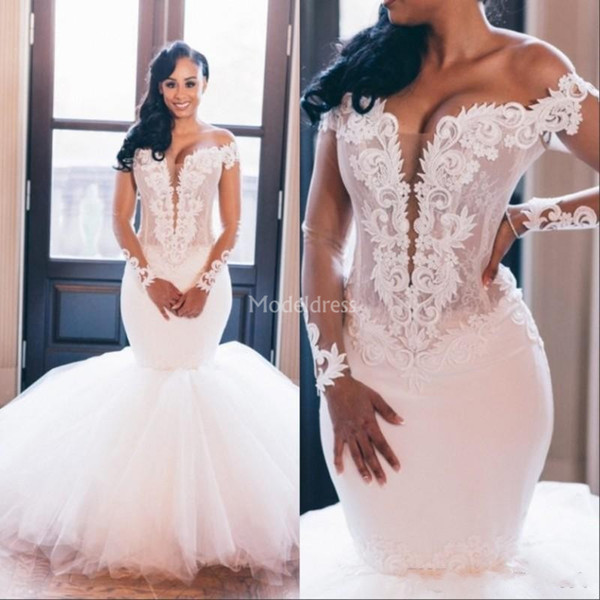 Stylish Lace Mermaid Wedding Dresses Illusion Long Sleeves Appliques Sweep Train Country Castle Bridal Gowns Chapel Modern Vestidoe De Noiva