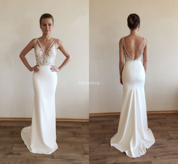 Elegant Mermaid Wedding Dresses V-Neck Illusion Pearls Sweep Train Bead Castle Chapel Bridal Gown Cheap Country Cheap Vestidoe De Noiva