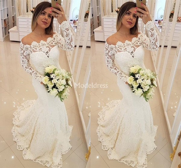 Gorgeous Mermaid Lace Wedding Dresses Off Shoulder Long Sleeves Sweep Train Illusion New Country Style Bridal Gowns Castle Vestidoe De Noiva