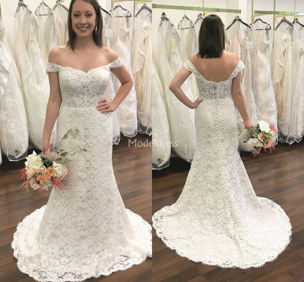 Gorgeous Lace Mermaid Wedding Dresses Off Shoulder Covered Buttons Sweep Train Backless Country Chapel Bridal Gown Eleagnt Vestidoe De Noiva