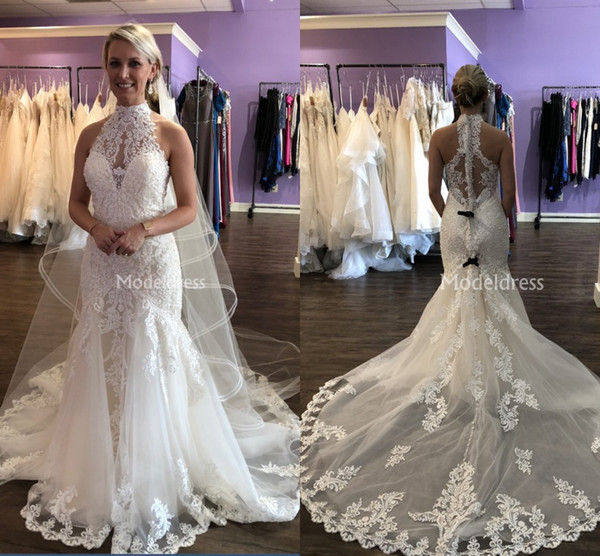 Gorgeous Lace Mermaid New Wedding Dresses Sheer Neck Illusion Castle Chapel Sweep Train Elegant Country Style Bridal Gowns Vestidoe De Noiva