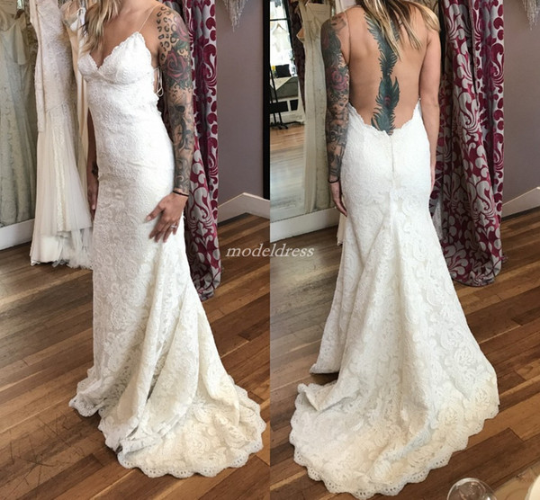 Lace Backless Mermaid Wedding Dresses Spaghetti Sweep Train Garden Country Beach Bridal Gowns vestido de novia Cheap Plus Size Custom