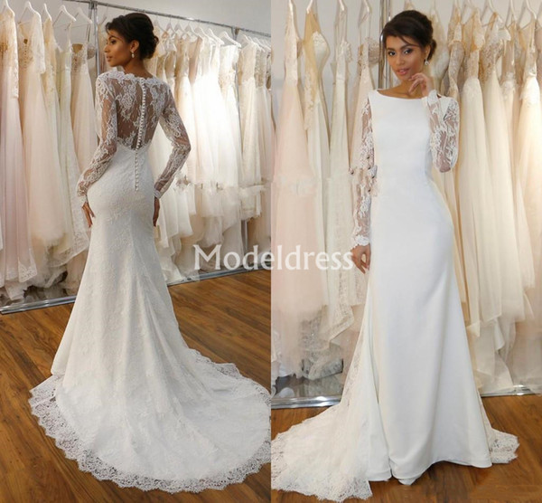 Arabric Lace Mermaid Wedding Dresses Sheer Long Sleeves Covered Buttons Illusion Bridal Gowns Sweep Train Country Hot Vestidoe De Noiva