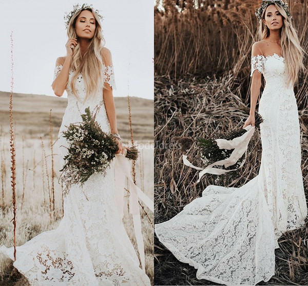 Bohemain Mermaid Lace Wedding Dresses Off Shoulder Sweep Train Illusion Country Style Bridal Gowns Charming Vestidoe De Noiva Cutsom