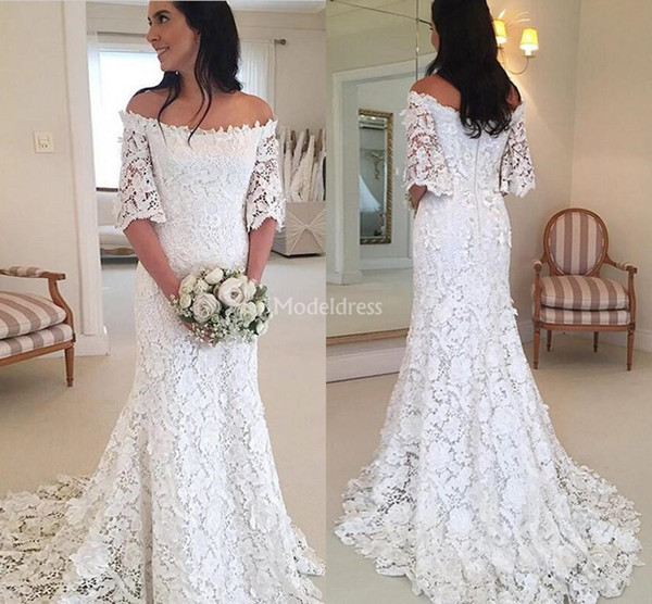 Arabric Lace Mermaid Wedding Dresses Off Shoulder Half Sleeves Illusion Sweep Train Country Castle Bridal Gowns Cheap Vestidoe De Noiva