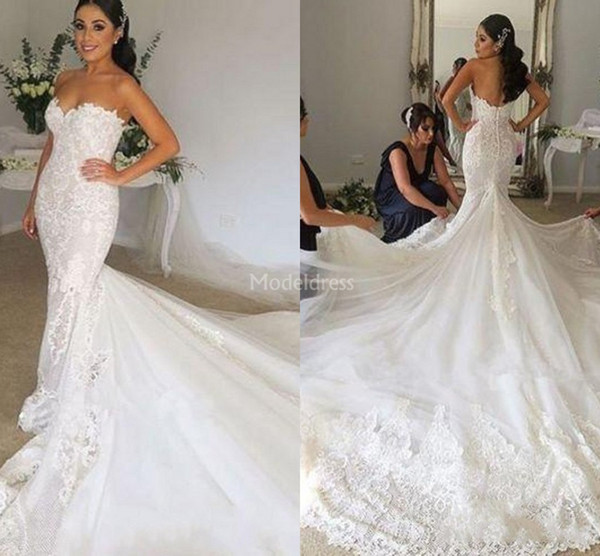 Luxury Mermaid Lace Wedding Dresses Sweetheart Backless Court Train Castle Chapel Bridal Gowns Charming Applique Plus Size Vestidoe De Noiva