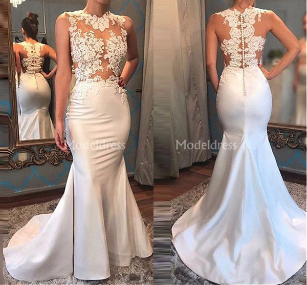 Elegant Mermaid Wedding Dresses Crew Neck Sweep Train Appliques Illusion Castel Chapel Bridal Gowns Charming Country Vestidoe De Noiva