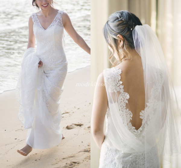 Beach Mermaid Wedding Dresses V Neck Draped Back Sweep Train Appliques Lace Garden Country Bridal Gowns vestido de novia Plus Size