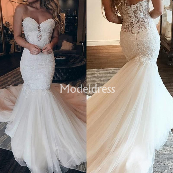 Delicate Lace Mermaid Wedding Dresses Sweetheart Backless Illusion Sweep Train Chic Country Bridal Gowns Plus Size Elegant Vestidoe De Noiva