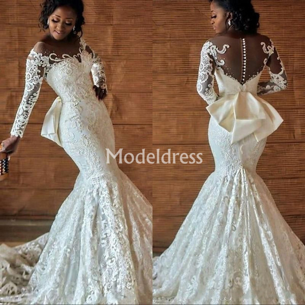 Arabric Lace Mermaid Wedding Dresses Plus Size Sheer Neck Long Sleeves Back Bow Chapel Bridal Gowns Appliques Luxury Vestidoe De Noiva