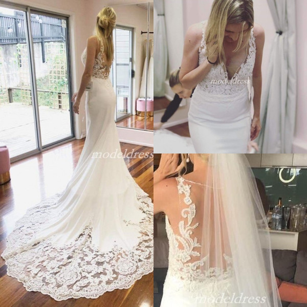 See Through Mermaid Wedding Dresses V Neck Sweep Train Appliques Hollow Beads Garden Country Bridal Gowns robe de mariée Cheap