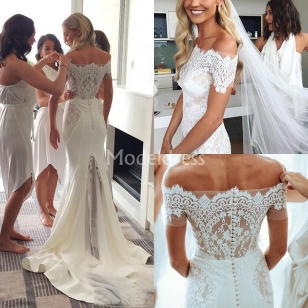 Gorgeous Mermaid Lace Wedding Dresses Off Shoulder Sweep Train Illusion Castle Chapel Bridal Gowns Charming Country Vestidoe De Noiva Custom