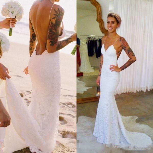 Sexy Mermaid Bohemian Beach Wedding Dresses Spaghetti Open Back Trumpet Sweep Train Romantic Country Bridal Gowns Cheap Custom Made