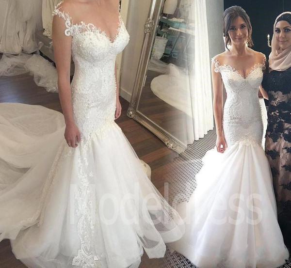 Gorgeous Lace Mermaid Wedding Dresses Sheer Neck Pearls Illusion Back Trumpet Detachable Train Vintage Bridal Gown Plus Size Customized