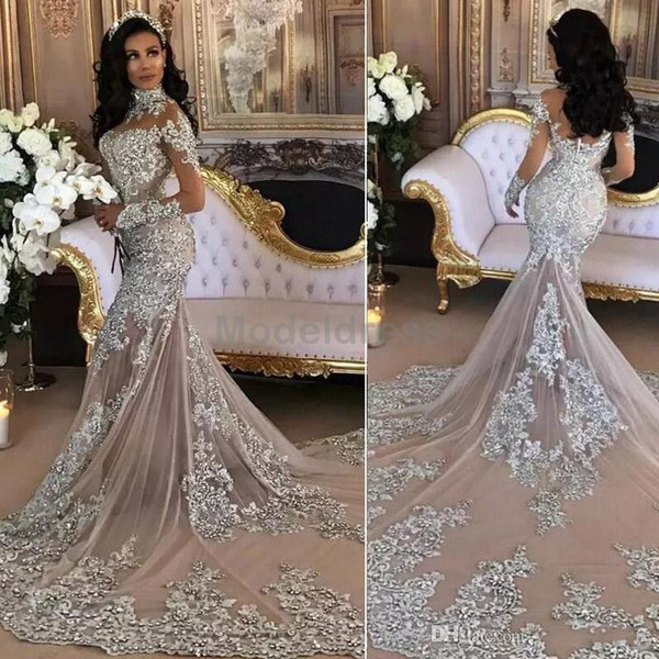 African Luxury Sexy Mermaid Wedding Dresses Bling Beaded Crystal Illusion Long Sleeve Champagne Appliques Bridal Gowns Plus Size