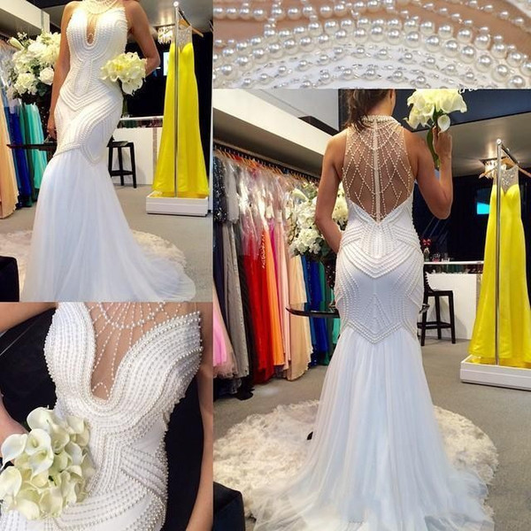 New Luxury Mermaid Wedding Dresses High Neck Pearls Major Beading Illusion Back Sweep Train Chiffon Elegant Plus Size Bridal Gowns