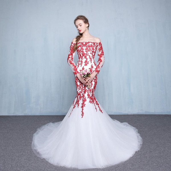 Sexy White and Red Mermaid Wedding Dresses Court Train Off-the-shoulder Applique Tulle Long Sleeve Bridal Gowns Vestido De Novia W172