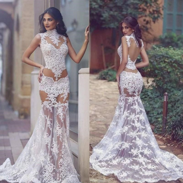 Sexy Illusion Lace Wedding Dresses Mermaid White Lace Bridal Gowns High Collar Sheer Backless Summer Boho Gowns