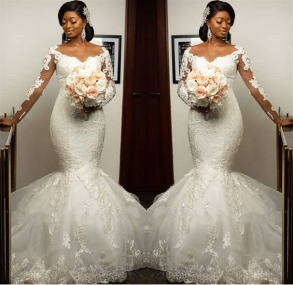 Fashion African Mermaid Wedding Dresses Full Sleeve Lace Applique Bridal Gowns Illusion Back Bridal Dress robe de soiree