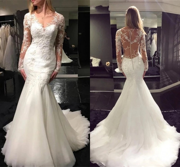 New Long Sleeves Mermaid Wedding Dresses Sheer Neck Covered Button Back Lace Appliques Vestido De Novia Long Bridal Gowns Custom