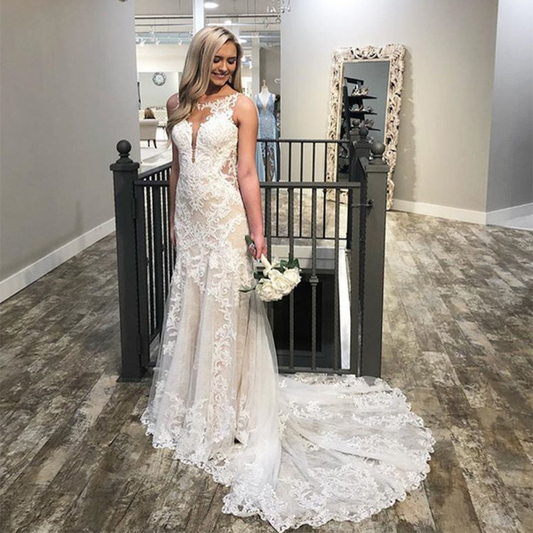 Elegant Mermaid Lace Wedding Dresses Sheer Neck Sleeveless Open Back Appliques Vestido de noiva Long Luxury Garden Beach Bridal Gowns