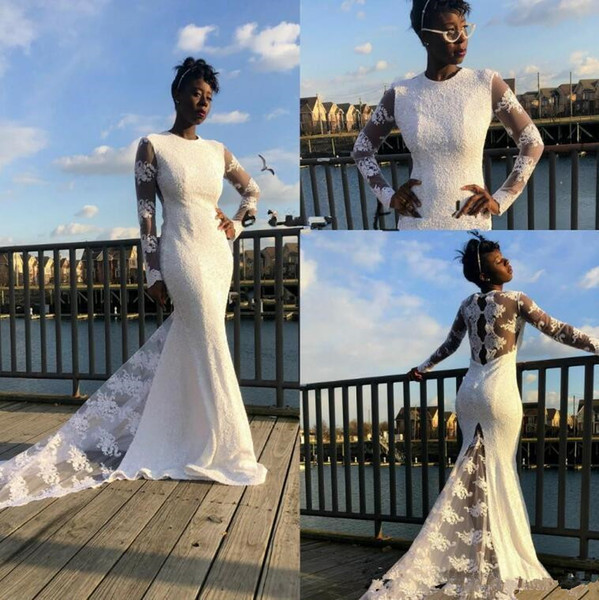South African Mwemaid Wedding Dresses Vestios De Marriage New Custom Sweep Train Sexy See Through Long Sleeve Country Bridal Gowns W274