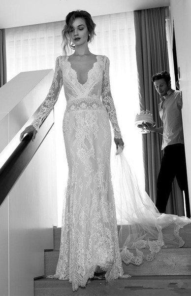 Sexy Full Lace Mermaid Wedding Dresses New Hot Selling Custom V-Neck Backless Illusion Long Sleeve Bridal Gowns Vestido De Novia W201