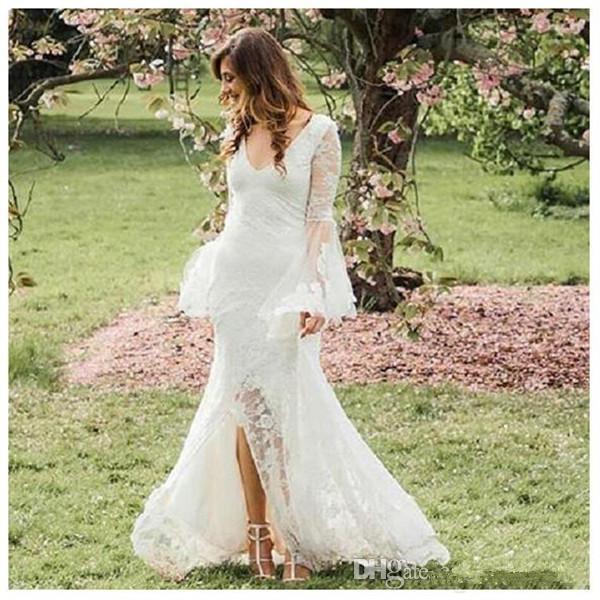 Boho Style Mermaid Lace Wedding Dresses New Custom Front Short Back Long V-Neck Backless Long Sleeve Bridal Gowns Vestido De Novia W205