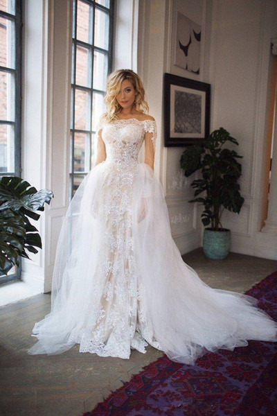 Lace Mermaid Wedding Dresses Detachable Skirt Sheer Long Sleeve Tulle Bridal Gowns Vestido De Novia Hot Selling Custom Made New W203