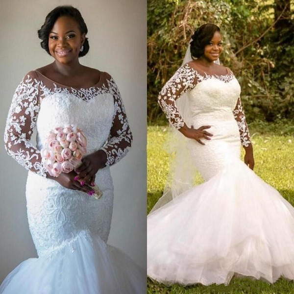 Plus Size African Wedding Dresses Vestios De Marriage New Custom Hot Sales Applique Tulle Sheer Long Sleeve Mermaid Bridal Gowns W275