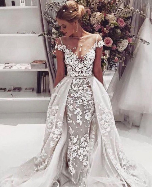 Gorgeous Lace Mermaid Wedding Dresses Appliques Tulle Over Skirt Cap Sleeve Backless Tulle Sheer Bridal Gowns Vestido De Novia New W96