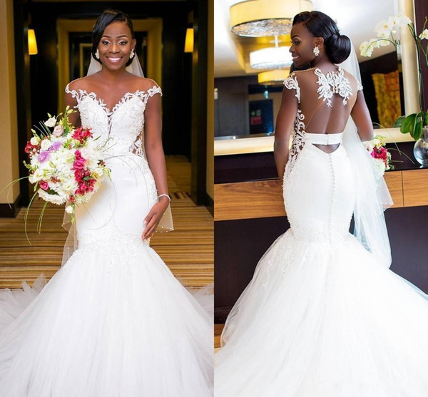 New Arrival African Mermaid Wedding Dresses Illusion Backless Lace Applique Court Train Mermaid Bridal Dress Wedding Gowns Plus Size