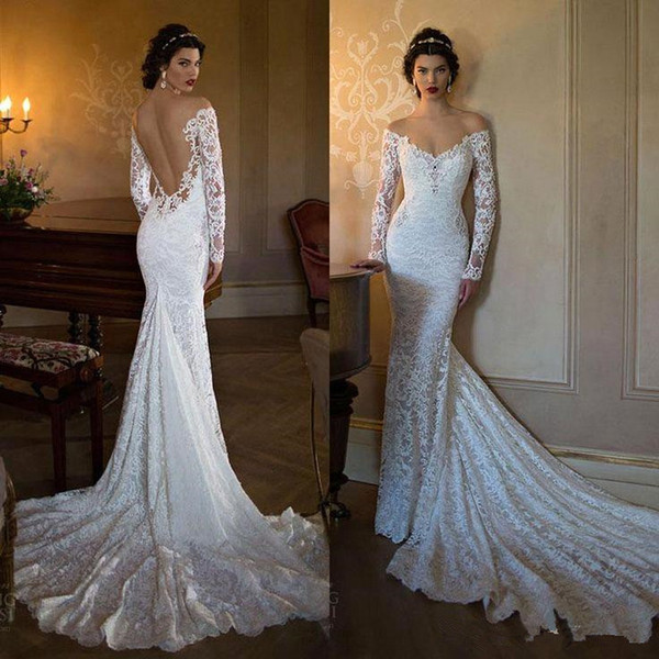 Sexy Backless Mermaid Wedding Dresses Vestios De Marriage Court Train Long Sleeve Off-the-shoulder Country Wedding Bridal Gowns W178