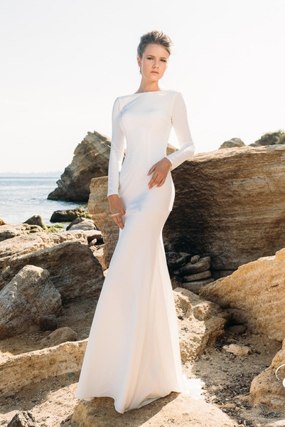 Long Sleeve Mermaid Wedding Dresses Vestios De Marriage New Design Custom Sweep Train Bateau Neckline Backless Beach Bridal Gowns W272