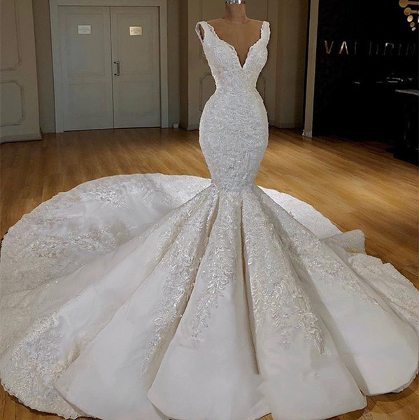 new Luxury beading wedding dress deep v neck mermaid wedding gowns long train elegant wedding dresses