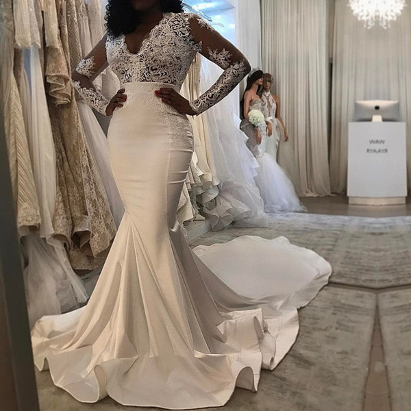 Ivory Mermaid Wedding Dresses Long Sleeve Vestidos De Noiva Bride Bridal Gowns Lace Appliques Plus Size Wedding Gown V Neck