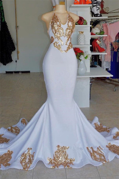 Gold Appliques Mermaid Wedding Dress Halter Elegant White Bridal Gown for wedding Sweep Train Wedding Gown Robe de mariee